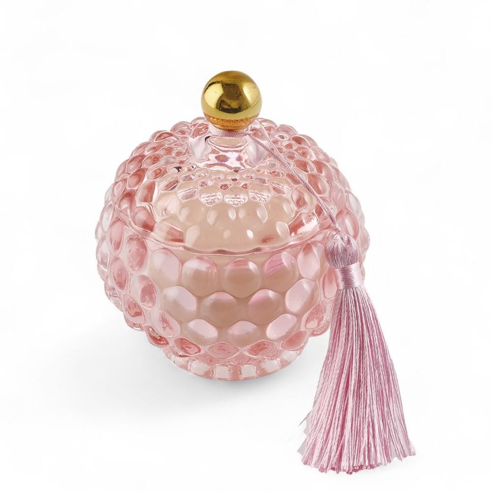 CANDELA IN BON BON VETRO ROSA C NAPPINA 8X11